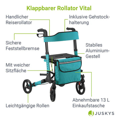 Aluminium Rollator Vital klappbar mit Sitzfläche & Einkaufstasche in petrol
