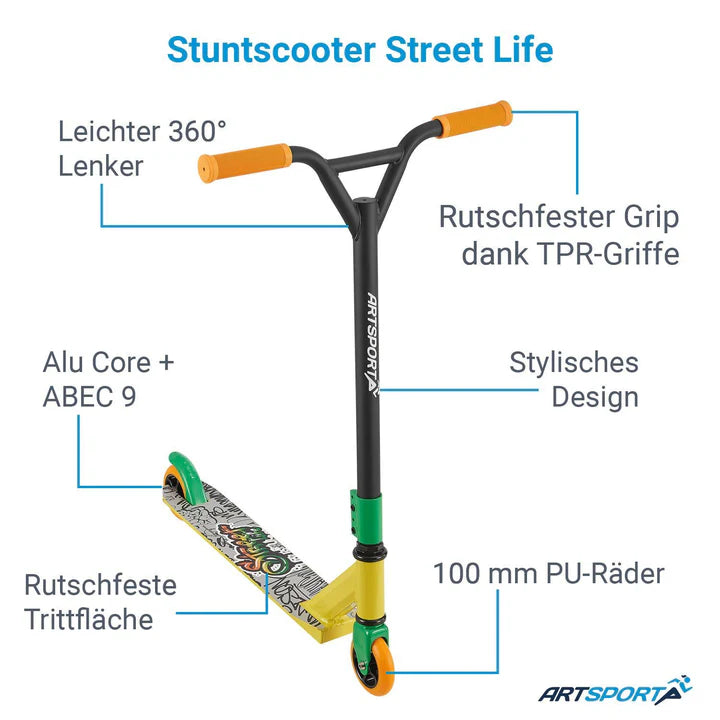 Stunt Scooter Street Life in Schwarz Gelb Trick Roller mit 360° Lenkung