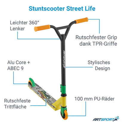 Stunt Scooter Street Life in Schwarz Gelb Trick Roller mit 360° Lenkung