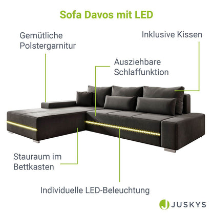 Sofa Davos Links mit LEDs - Dunkelgrau - Palo24