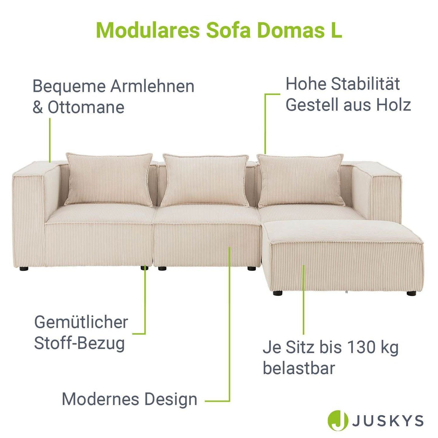 Modulares Sofa Domas L - 3 Sitzer Cord Beige - Palo24