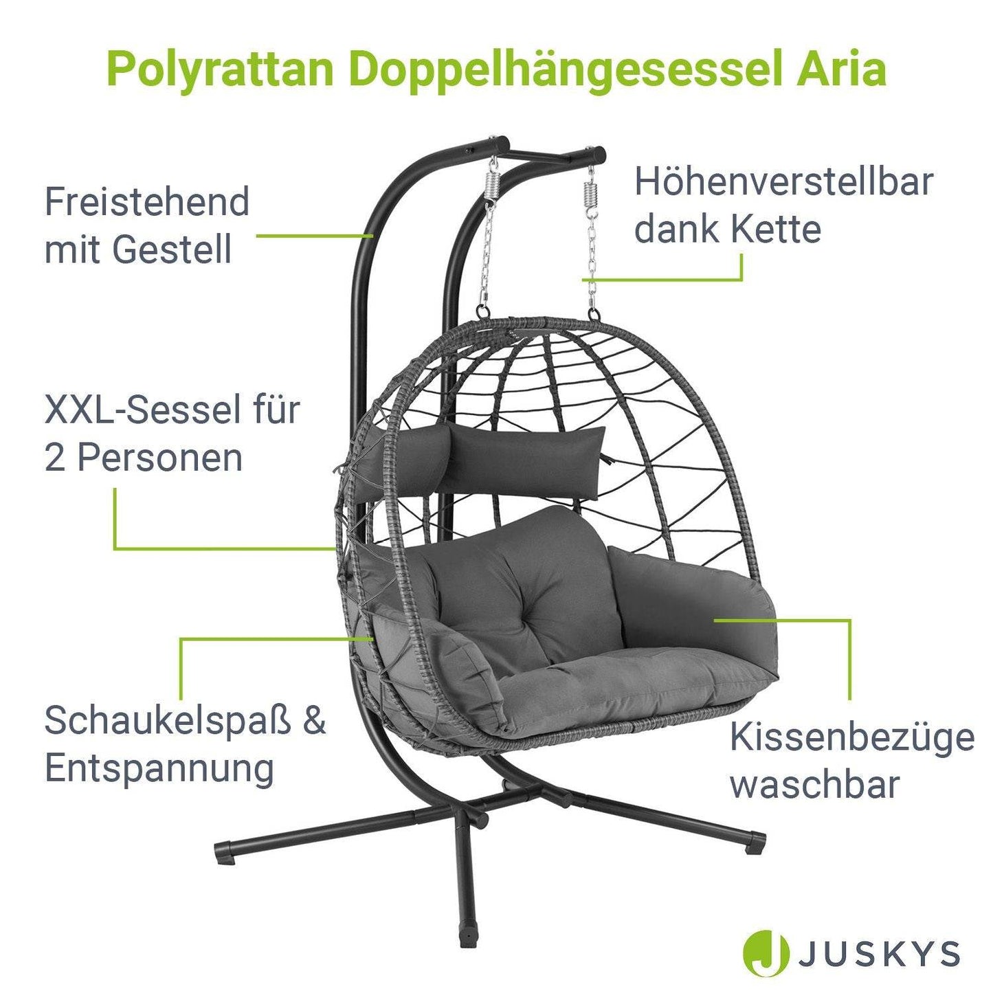 Polyrattan Doppel Hängesessel Aria mit Gestell - Grau - Palo24