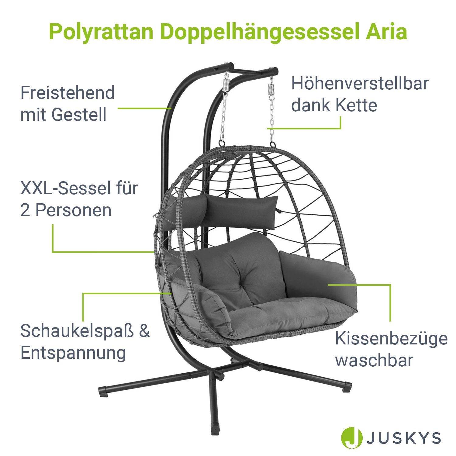 Polyrattan Doppel Hängesessel Aria mit Gestell - Grau - Palo24