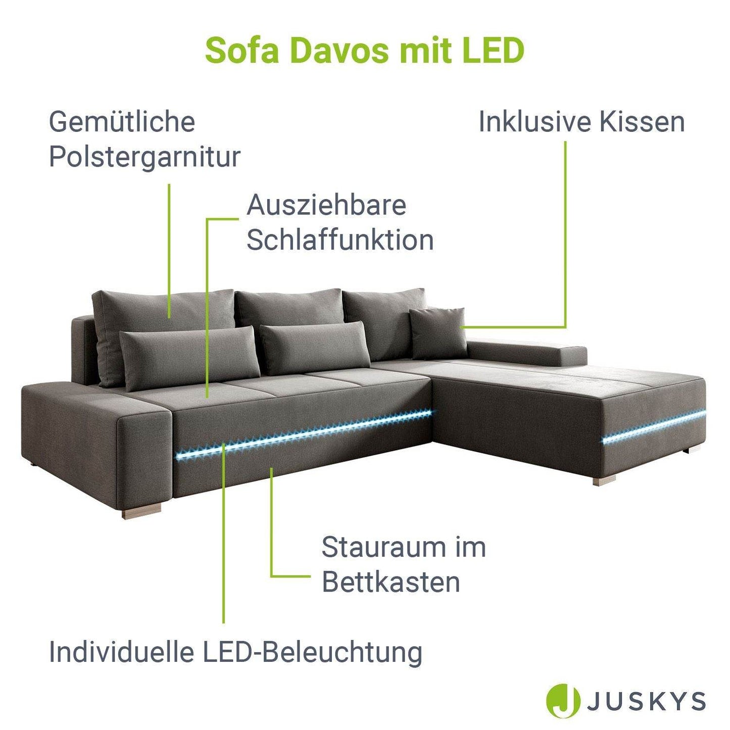 Sofa Davos mit LEDs & L-Form Schlaffunktion Hellgrau - Palo24