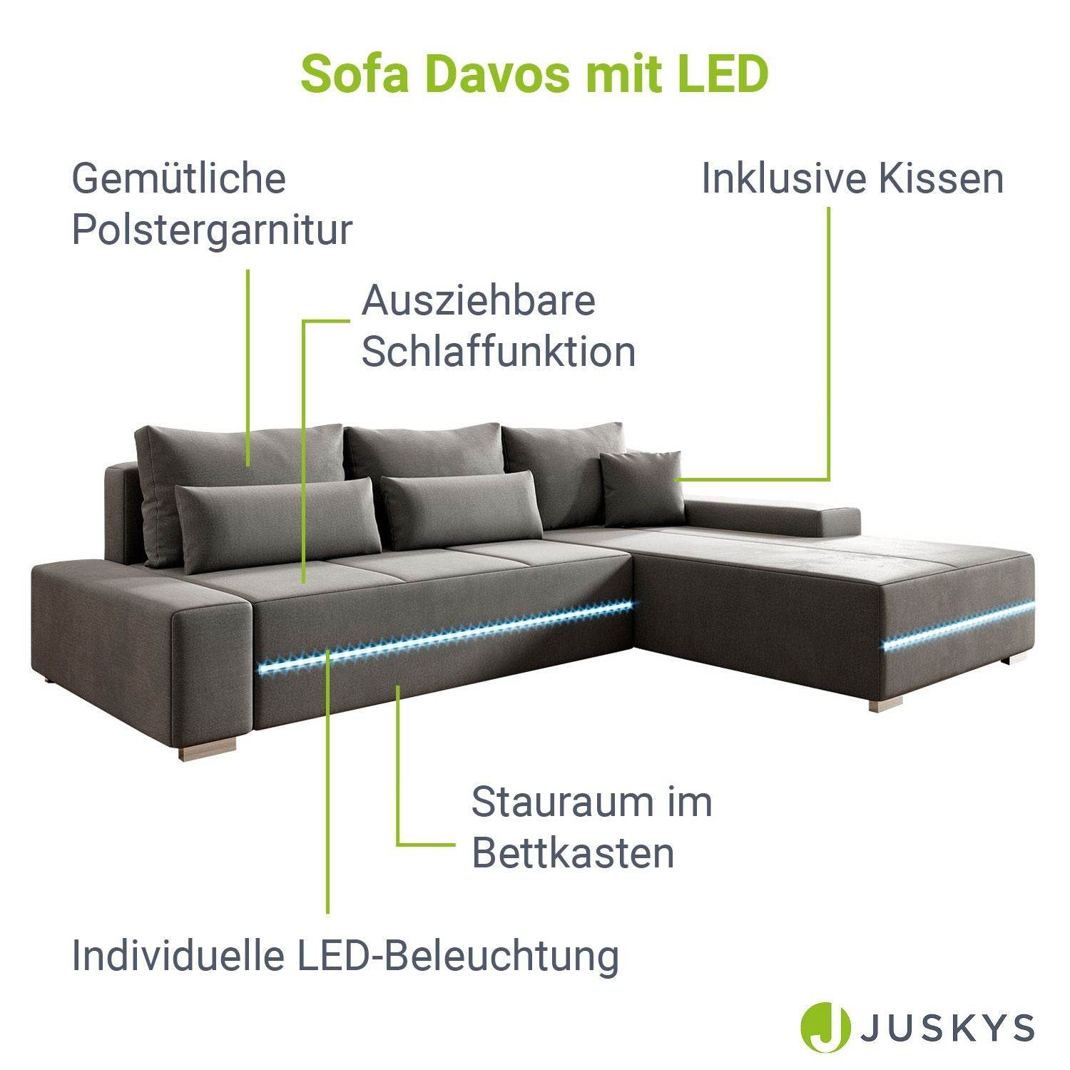 Sofa Davos mit LEDs & L-Form Schlaffunktion Hellgrau - Palo24