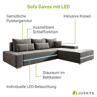Sofa Davos mit LEDs & L-Form Schlaffunktion Hellgrau - Palo24