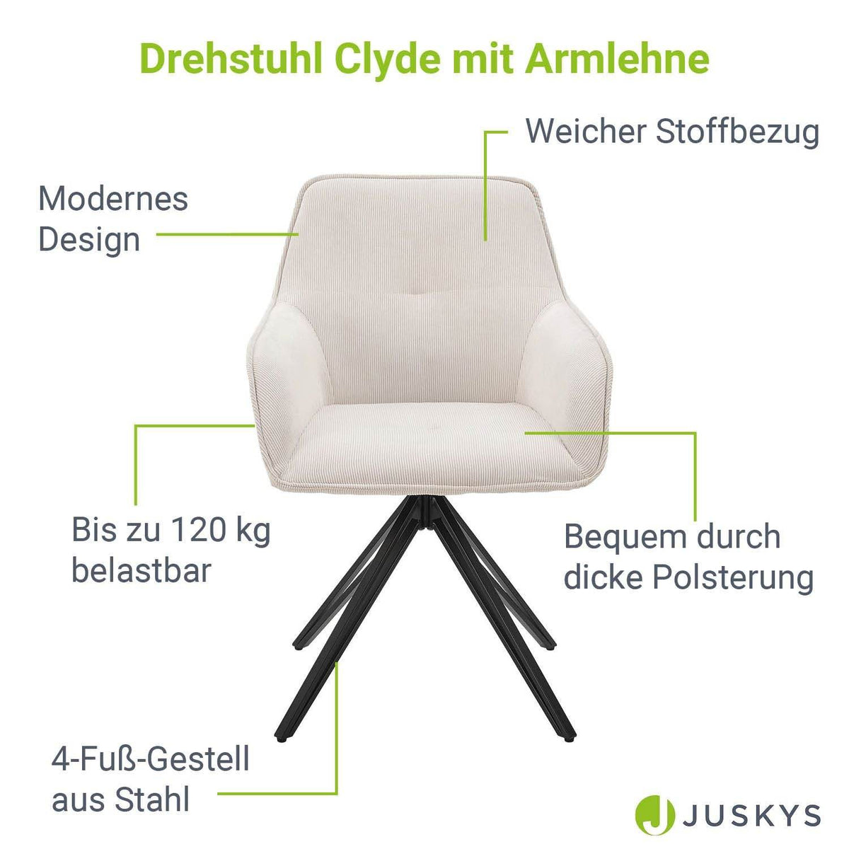 Esszimmerstuhl Drehstuhl Clyde mit Armlehne Cord Beige - Palo24