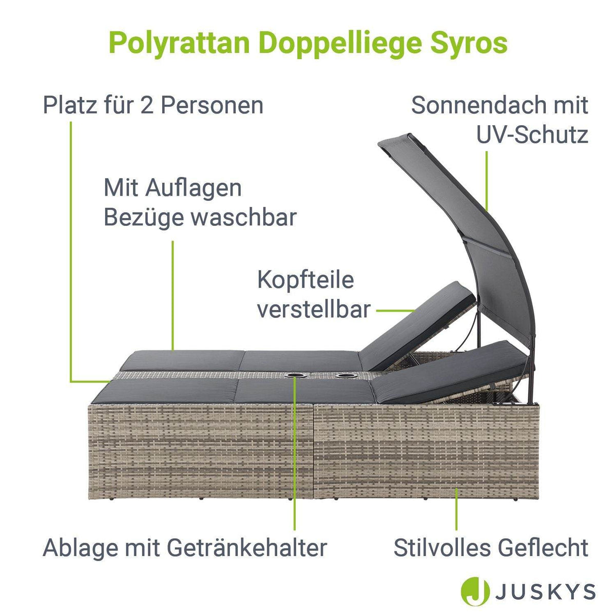 Polyrattan Doppelliege Syros mit Sonnendach & Auflagen - Grau-meliert - Palo24