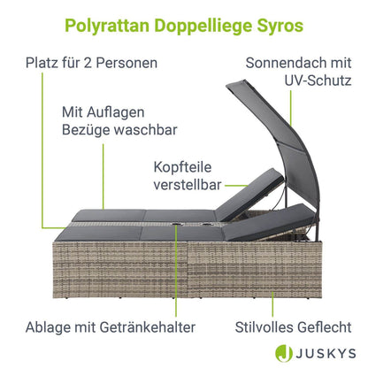 Polyrattan Doppelliege Syros mit Sonnendach & Auflagen - Grau-meliert - Palo24