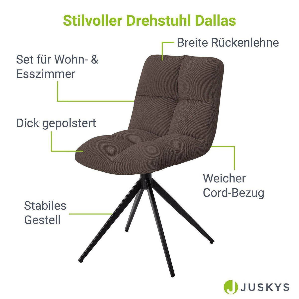Drehstuhl Dallas Cord 2er Set - Braun - Palo24