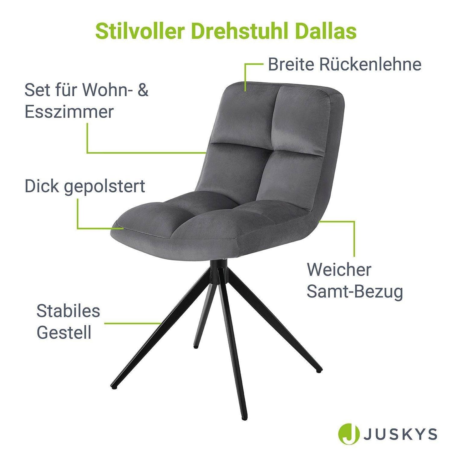 Drehstuhl Dallas 4er Set Samt Dunkelgrau - Palo24