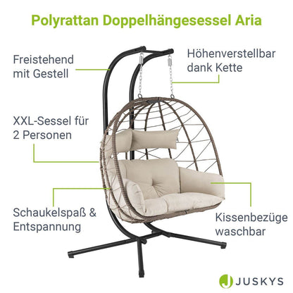 Polyrattan Doppel Hängesessel Aria mit Gestell - Beige - Palo24