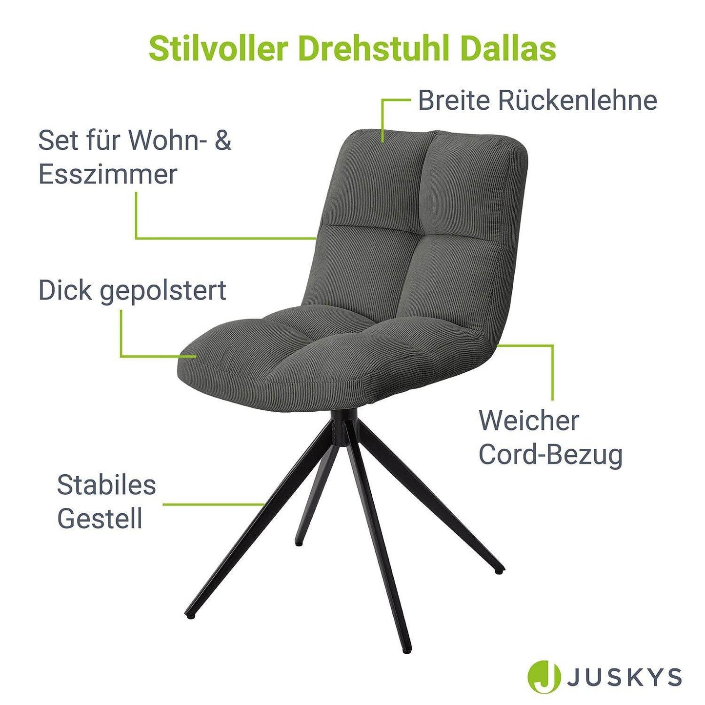 Drehstuhl Dallas Cord 2er Set - Hellgrau - Palo24