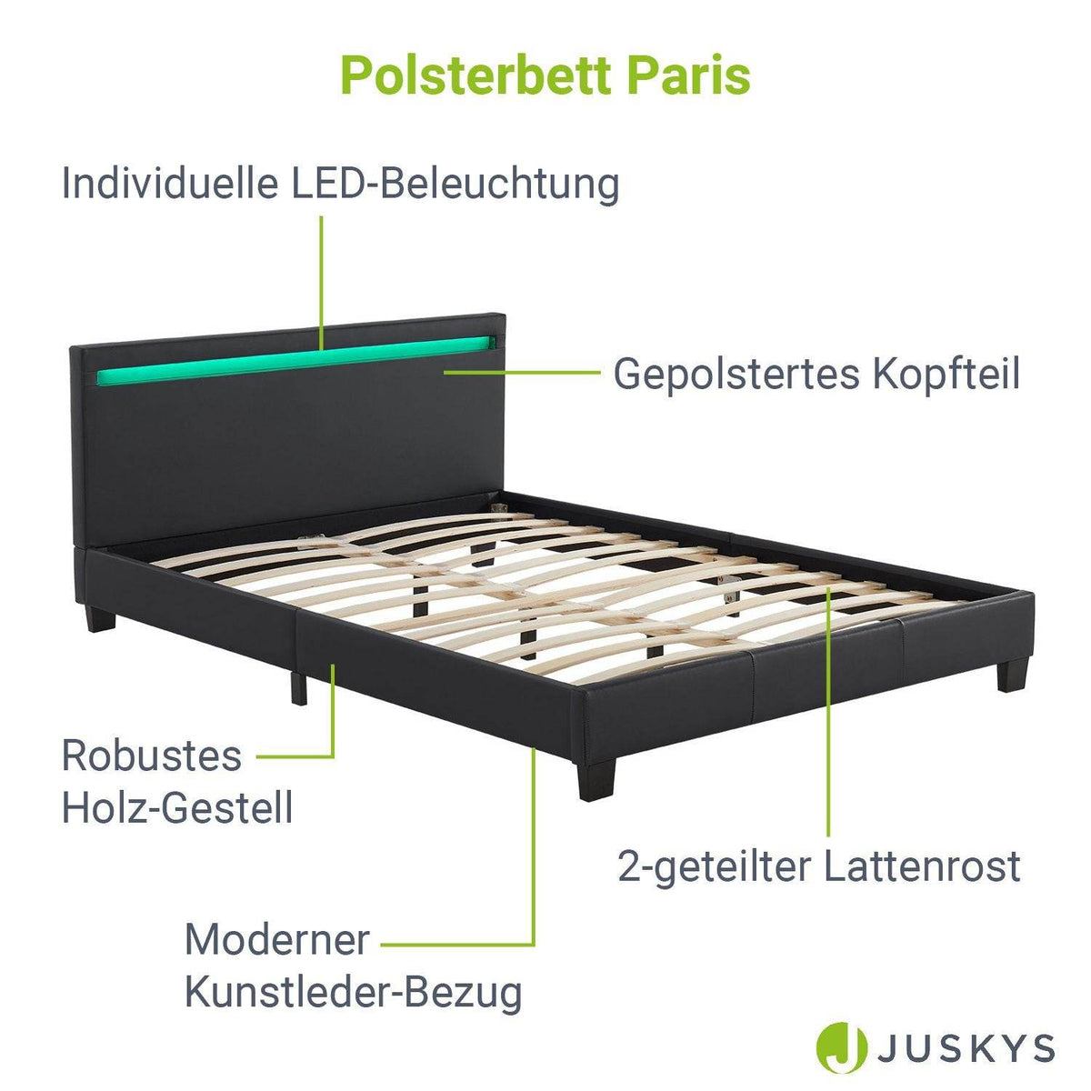 LED Polsterbett Paris 140 x 200 cm Lattenrost schwarz - Palo24