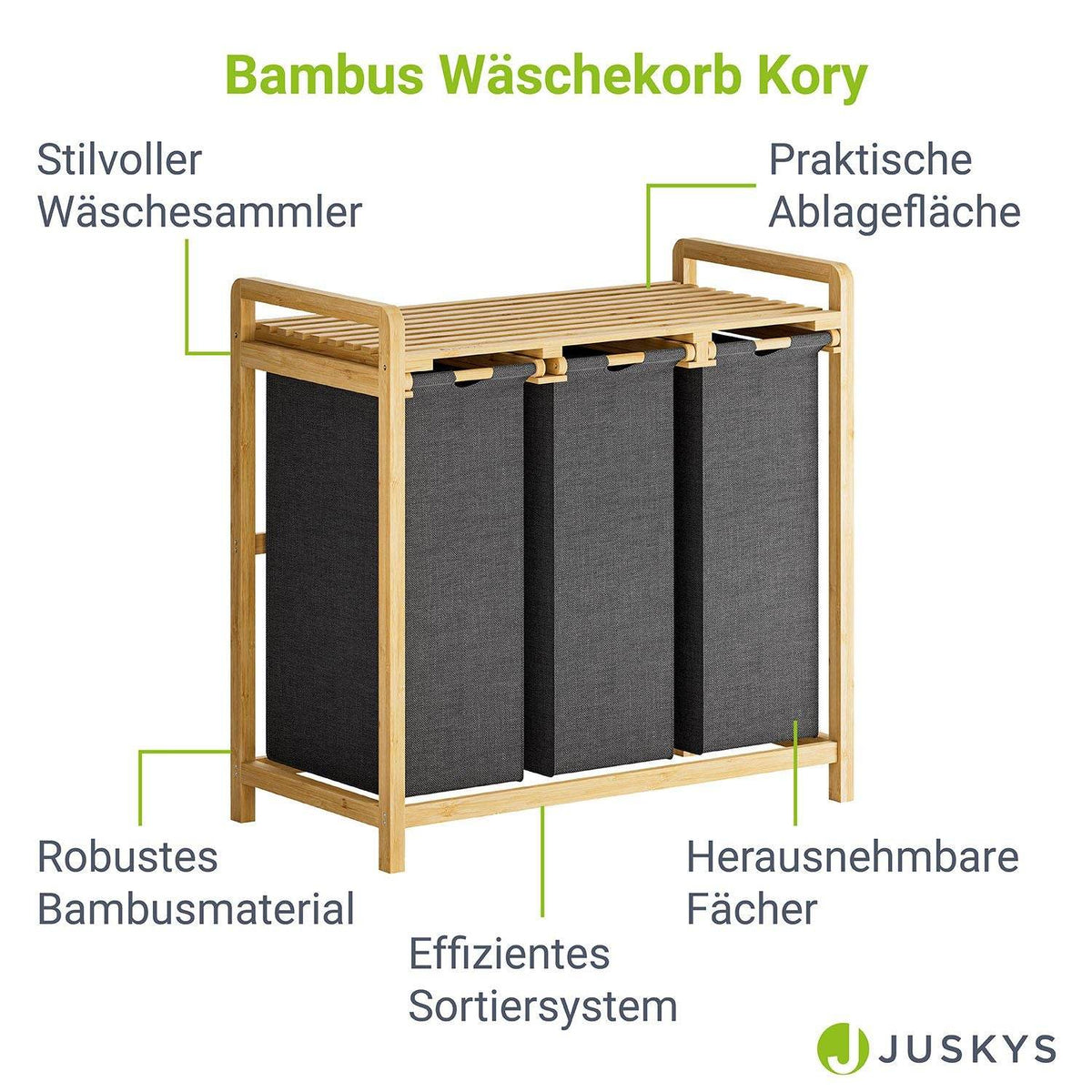 Bambus Wäschekorb Kory 3er - Anthrazit - Palo24