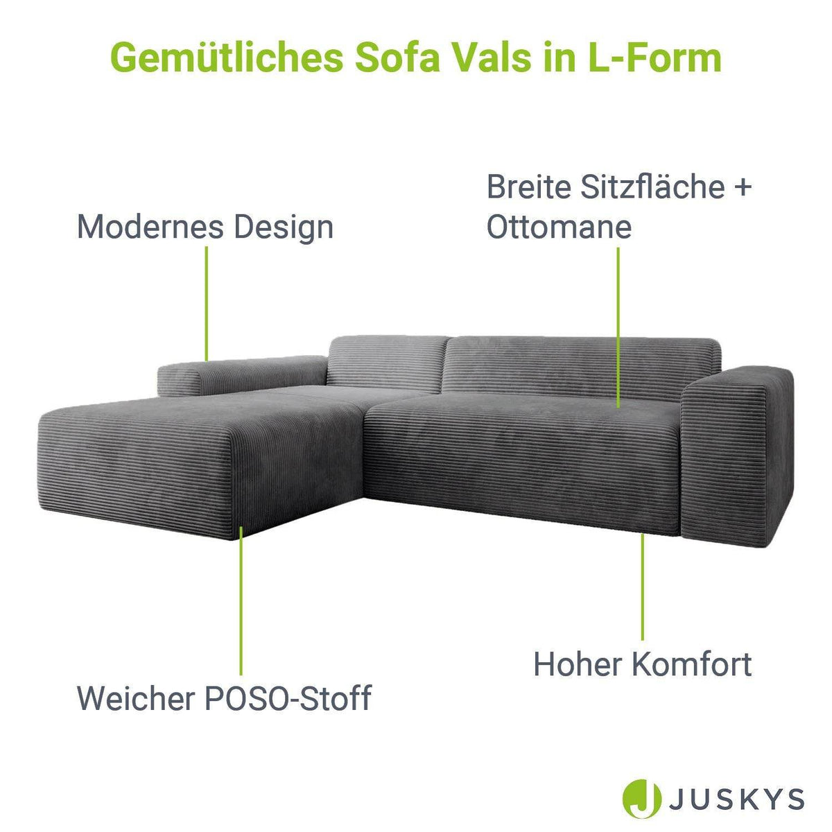 Sofa Vals Links mit PESO-Stoff - Dunkelgrau - Palo24