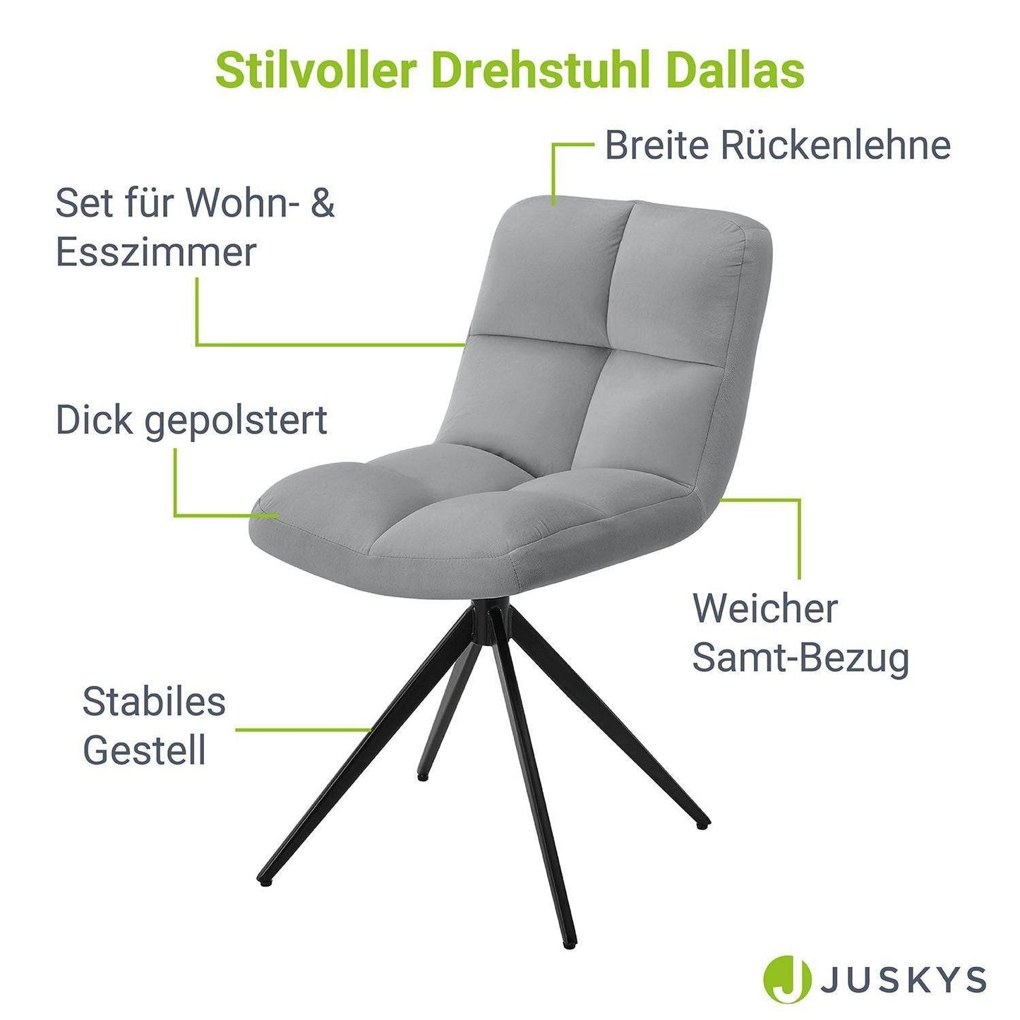 Drehstuhl Dallas 4er Set Samt Hellgrau - Palo24
