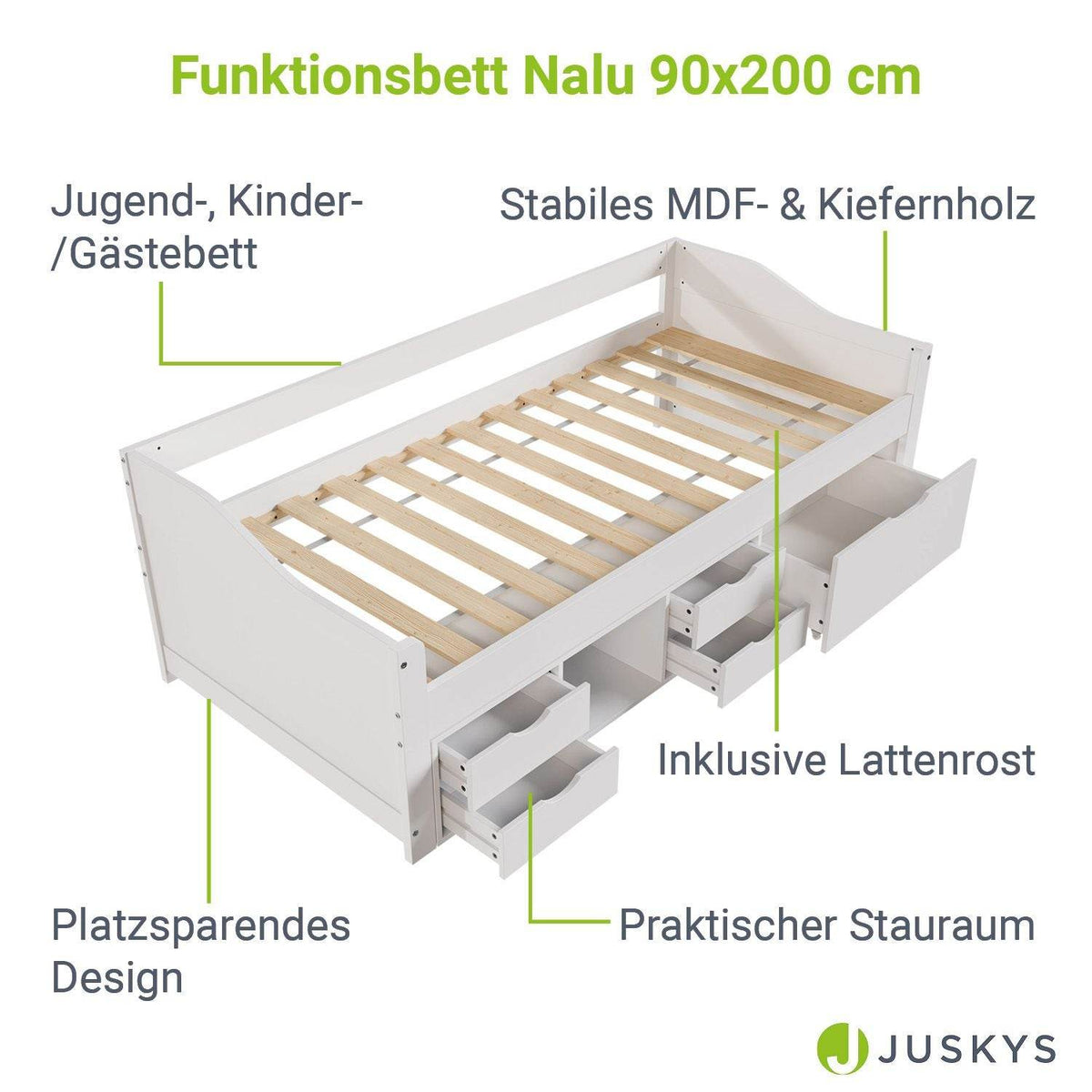 Funktionsbett Nalu 90x200 cm mit Lattenrost & Stauraum - Weiss - Palo24