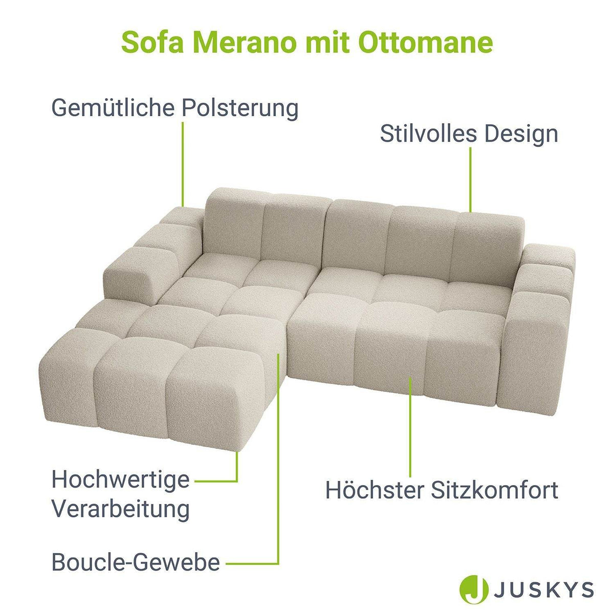 Sofa Merano Links - Boucle-Gewebe in Creme - Palo24