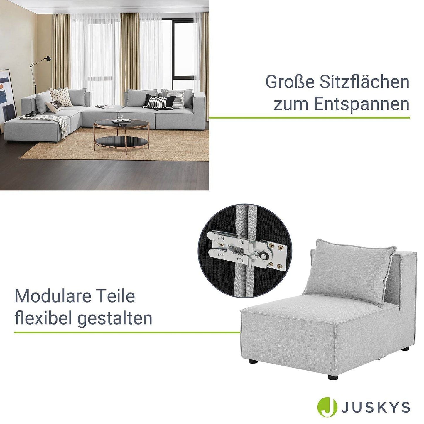 Modulares Sofa Domas XXL - Wohnlandschaft Armlehnen & Kissen - Stoff Hellgrau - Palo24