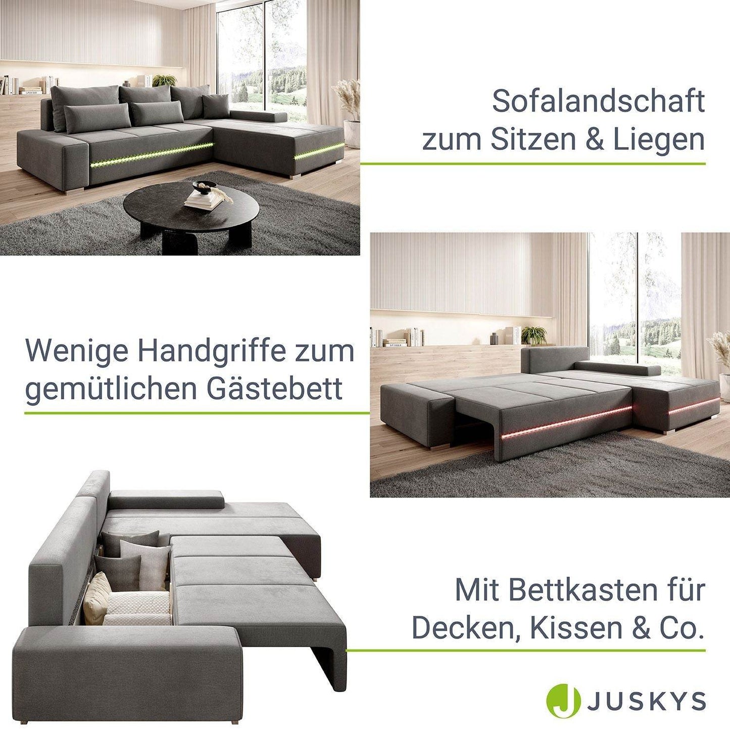 Sofa Davos mit LEDs & L-Form Schlaffunktion Hellgrau - Palo24