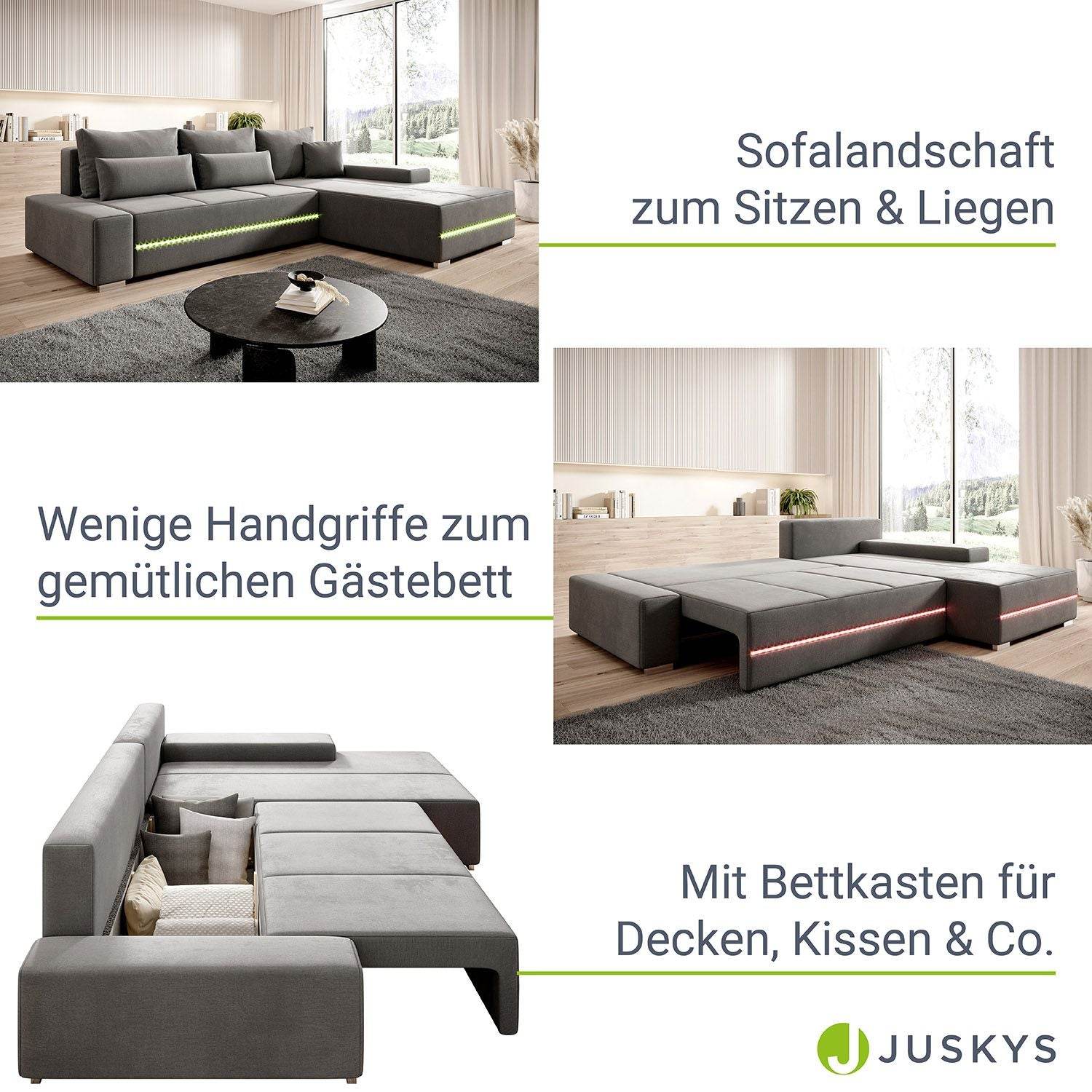Sofa Davos mit LEDs & L-Form Schlaffunktion Hellgrau - Palo24