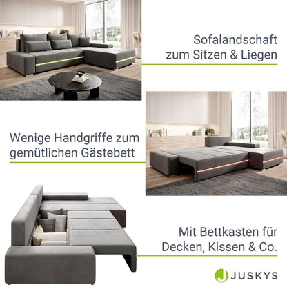 Sofa Davos mit LEDs & L-Form Schlaffunktion Hellgrau - Palo24