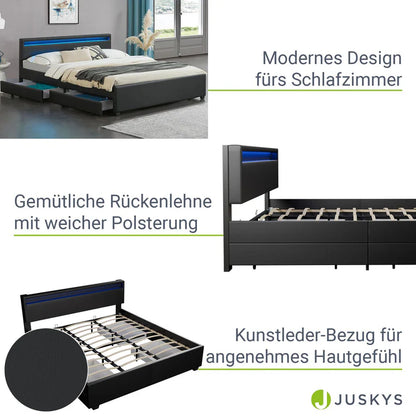 Polsterbett Lyon mit Bettkasten 180 x 200 cm LED-Beleuchtung und Lattenrost schwarz