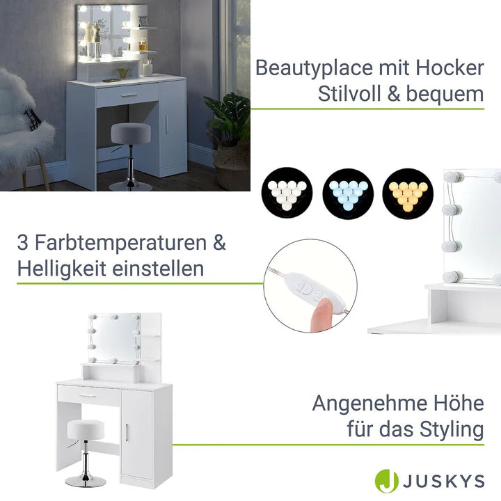 Schminktisch Zoey mit LED & Hocker Tonia - Palo24