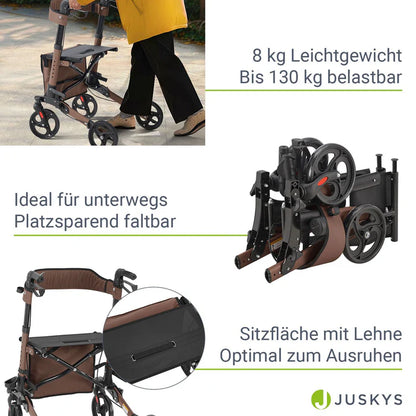 Aluminium Rollator Vital klappbar mit Sitzfläche & Einkaufstasche in braun