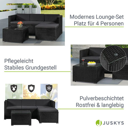Polyrattan Lounge Punta Cana M set di sedute nere con 1 tavolo, 1 divano e 1 sgabello