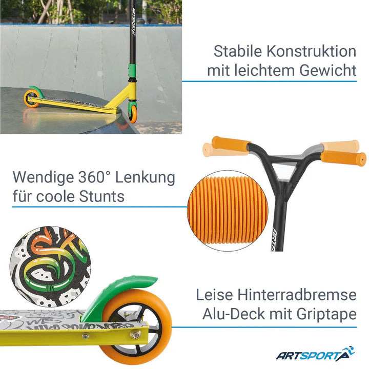 Stunt Scooter Street Life in Schwarz Gelb Trick Roller mit 360° Lenkung