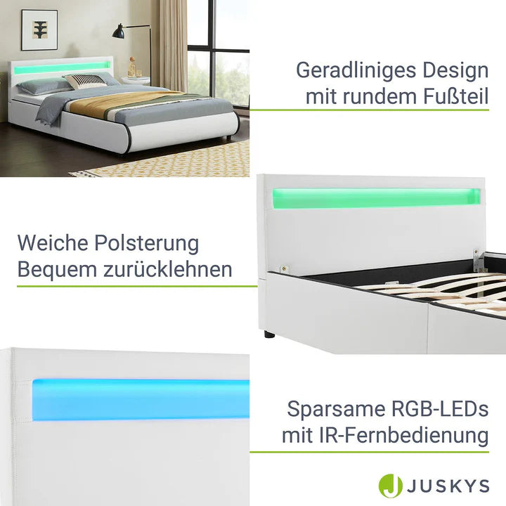 LED Polsterbett Sevilla 140 x 200 cm Lattenrost weiss