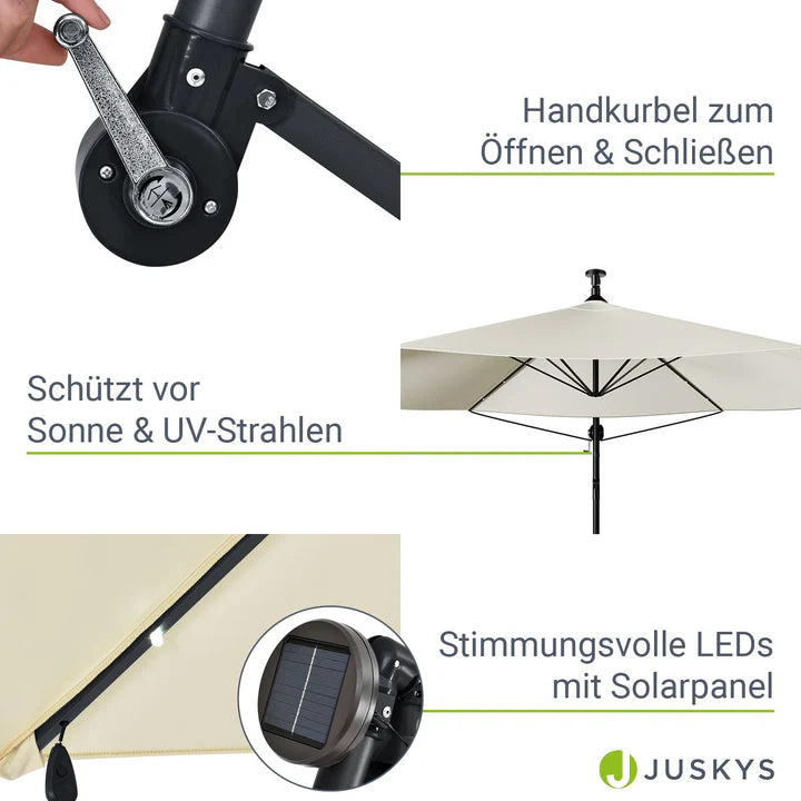 Ampelschirm Brazil Ø 3,0m mit LED, Kurbel und Standfuß in dunkelgrau und creme