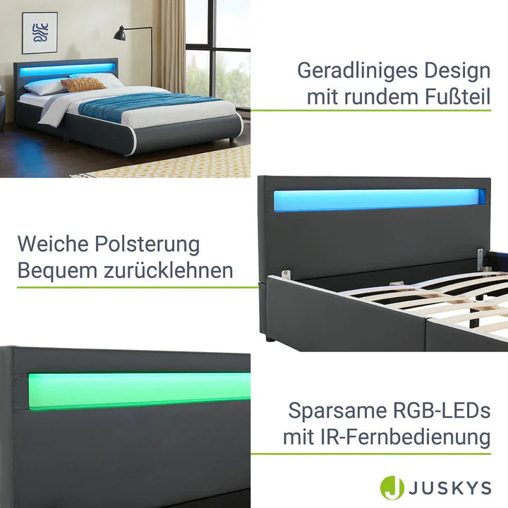 LED Polsterbett Sevilla 140x200 cm Lattenrost dunkelgrau