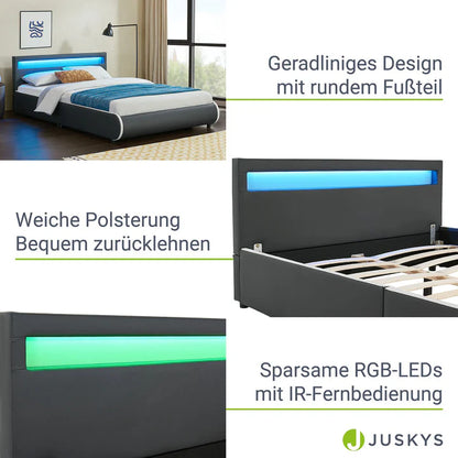 LED Polsterbett Sevilla 140x200 cm Lattenrost dunkelgrau