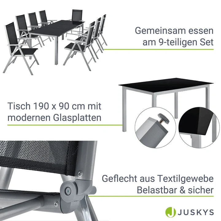 Aluminium Gartengarnitur Milano 9-teilig mit Tisch und 8 Stühlen silbergrau
