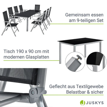 Aluminium Gartengarnitur Milano 9-teilig mit Tisch und 8 Stühlen silbergrau