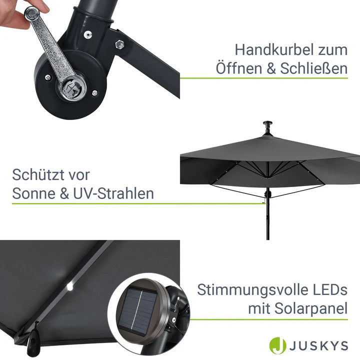 Parasol Brazil Ø 3,0m avec LED, manivelle et base gris foncé