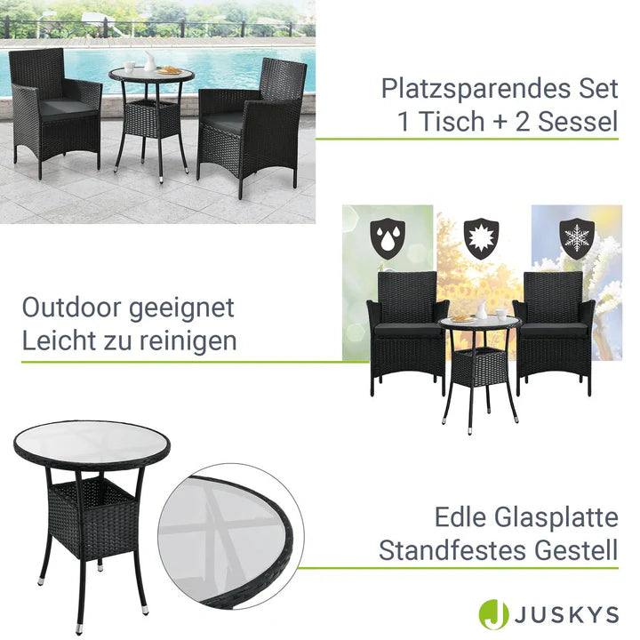 Set da balcone in polyrattan da 3 pezzi Bayamo nero/grigio