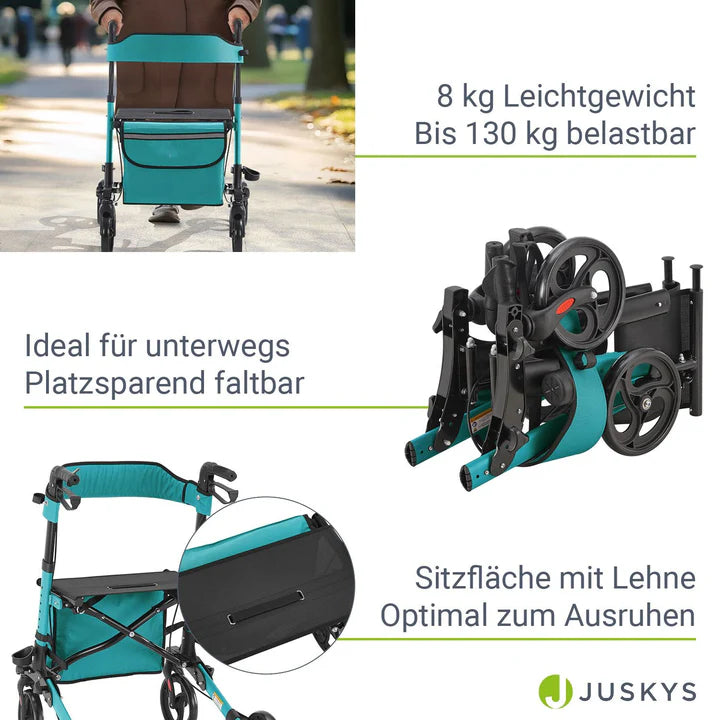 Aluminium Rollator Vital klappbar mit Sitzfläche & Einkaufstasche in petrol