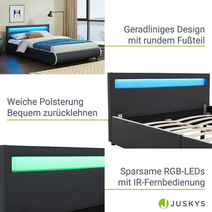 LED Polsterbett Sevilla 140 x 200 cm mit Lattenrost schwarz