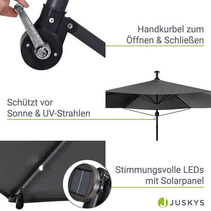 Parasol Brazil Ø 3,5m avec LED, manivelle et base gris foncé