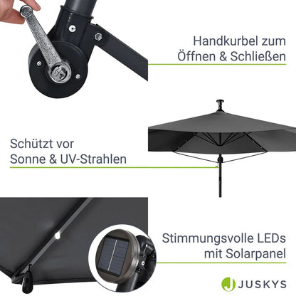 Parasol Brazil Ø 3,5m avec LED, manivelle et base gris foncé