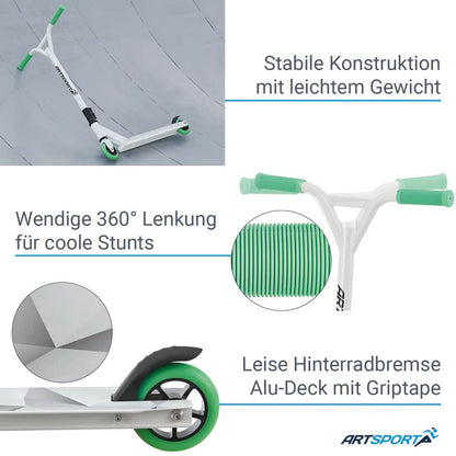 Stunt Scooter Futuriste en Blanc Vert Trick Scooter avec direction à 360°