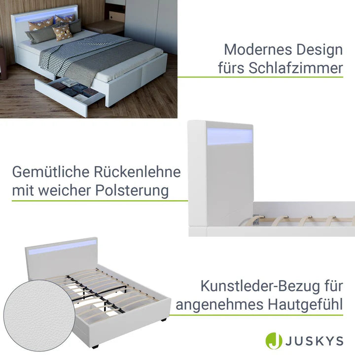 LED Polsterbett Lyon mit Bettkasten 140 x 200 cm - weiss