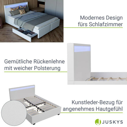 LED Polsterbett Lyon mit Bettkasten 140 x 200 cm - weiss