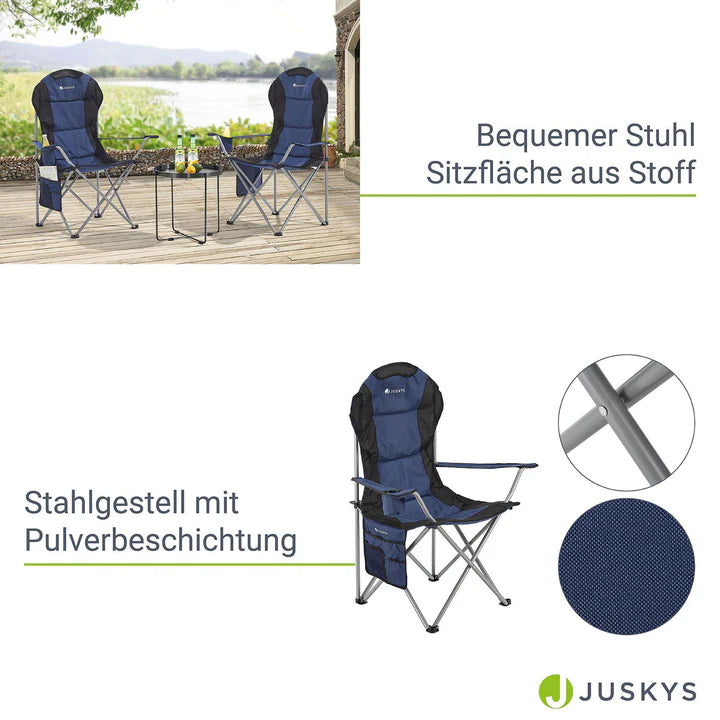 Chaise de camping Lido bleue, chaise pliante rembourrée avec porte-gobelet et sac