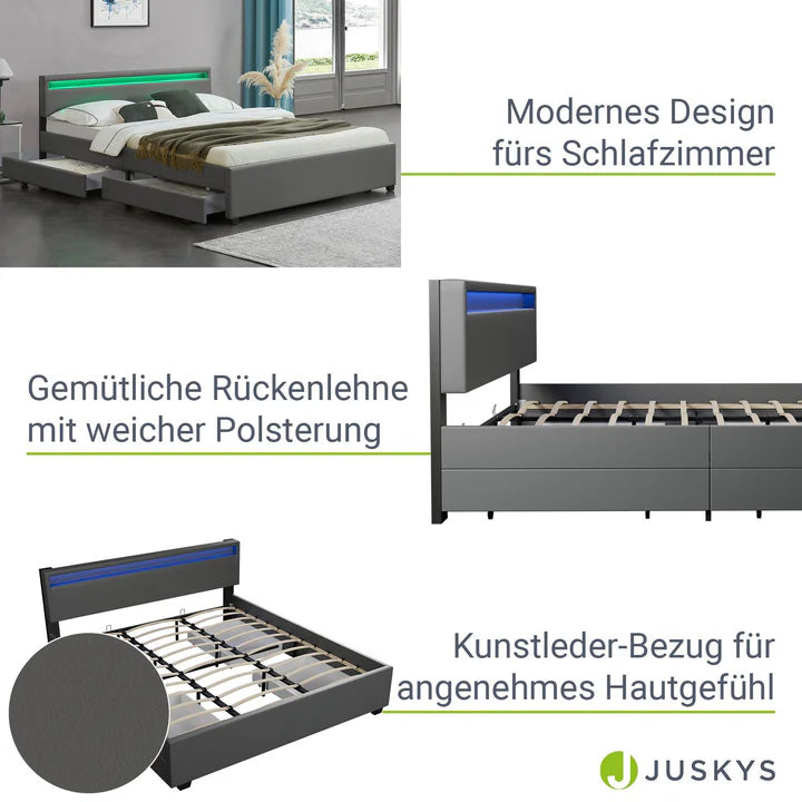 LED Polsterbett Lyon mit Bettkasten 180 x 200 cm - dunkelgrau