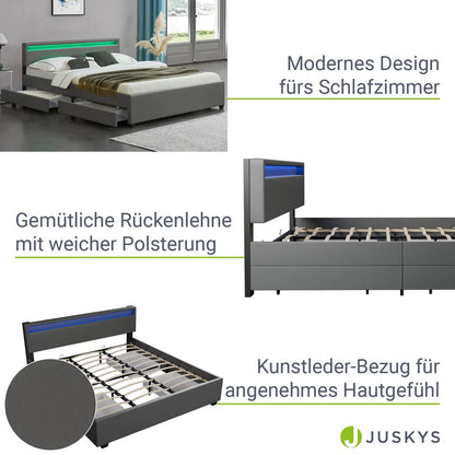 LED Polsterbett Lyon mit Bettkasten 180 x 200 cm - dunkelgrau